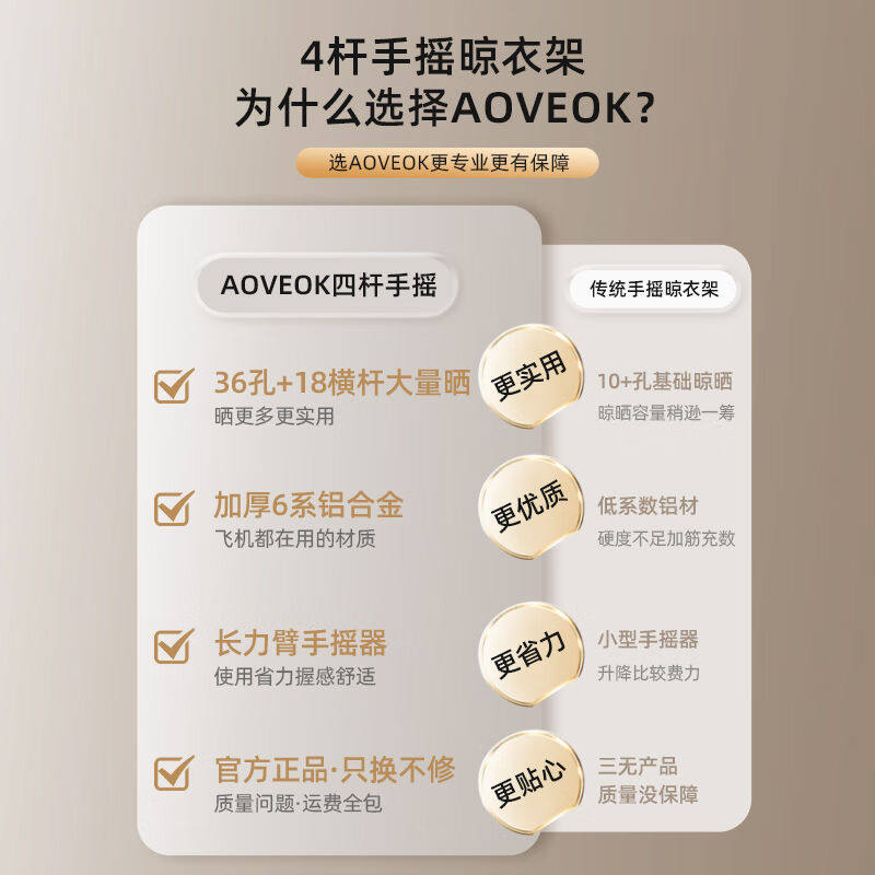 AOVEOK阳台晾衣架升降手摇四杆晾衣杆带横杆顶装晒衣架省力手动晒