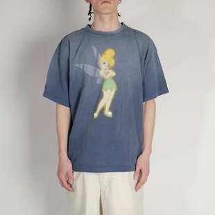 SaintMx6Disney联名tinker 复古tee bell奇妙仙子水洗做旧圆筒短袖