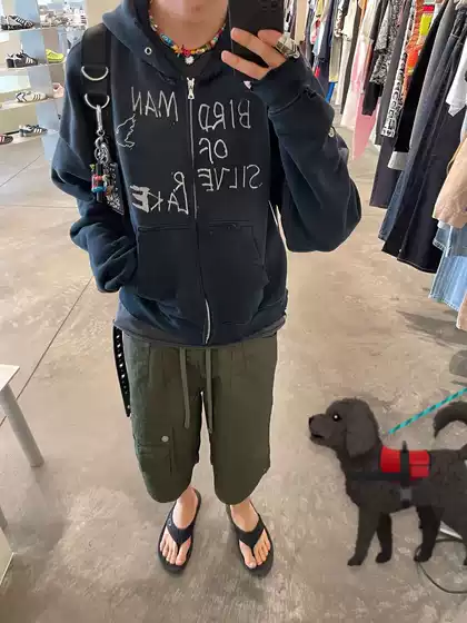 Bmc Paly Hollywood Black and Blue Graffiti Medal Washed Vintage Rhinestone Zipper Hoodie Pengiri Same Style