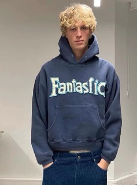 BMC美式复古ERL Fantastic贴布短款boxy卫衣水洗做旧帽衫ROSE同款