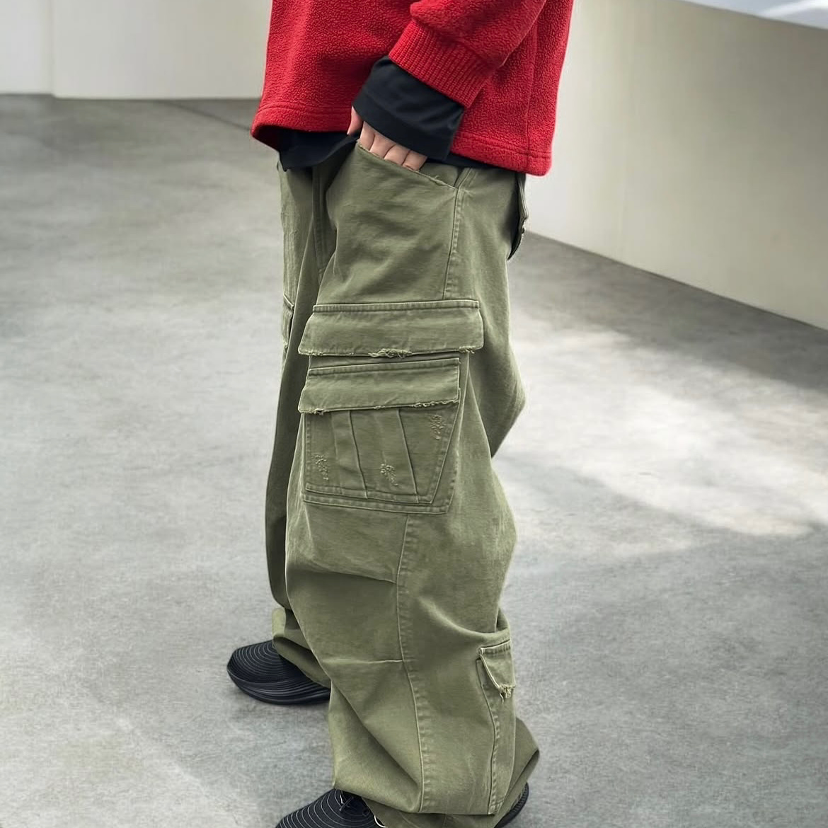 双层大口袋阔腿工装裤