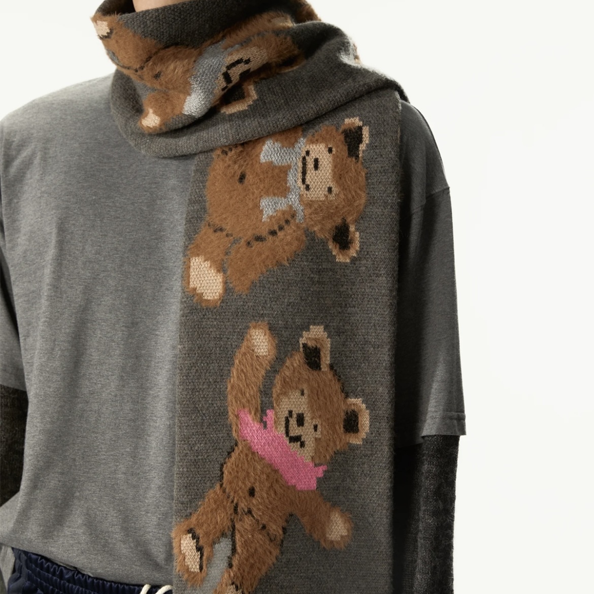 小熊图案马海毛羊毛围巾