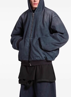 独家款BMC水洗牛仔蓝印花连帽bomber短款J30棉服外套拉链工装夹克