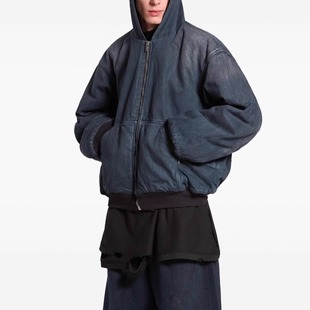 夹克 J30棉服外套拉链工装 独家款 BMC水洗牛仔蓝印花连帽bomber短款