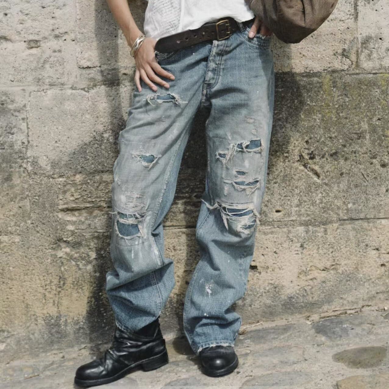 BMC nofaith美式重工水洗泼墨猫须补丁破坏微喇bootcut牛仔裤靴裤