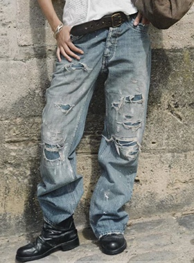 BMC nofaith美式重工水洗泼墨猫须补丁破坏微喇bootcut牛仔裤靴裤