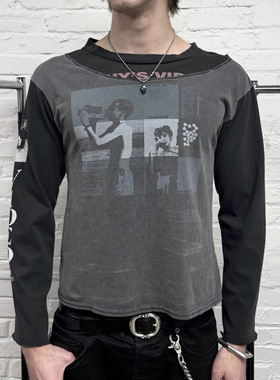 ERD忧郁的富二代25SS双重摄影男孩漫画拼接水洗假两件印花长袖Tee