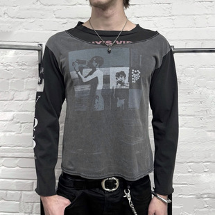 ERD忧郁的富二代25SS双重摄影男孩漫画拼接水洗假两件印花长袖Tee