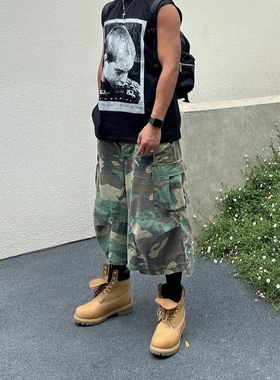 现货Joshua Jamal迷彩七分工装裤remake做旧短裤vintage复古ye同