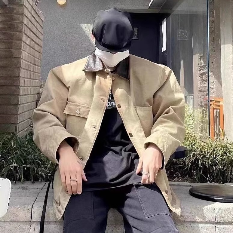 BMC三角标卡其复古做旧皮领四袋工装夹克垫肩外套密歇根夹克厚款