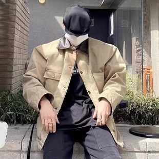 BMC三角标卡其复古做旧皮领四袋工装 夹克垫肩外套密歇根夹克厚款