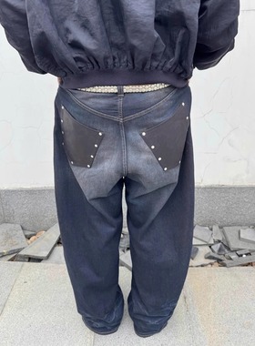 BMC脏染做旧darkside铆钉皮口袋水洗猫须baggy牛仔裤宽松阔腿裤