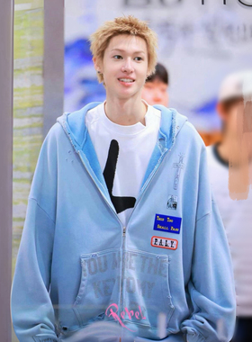 马丁同款Paly hollywood浅蓝色烫钻水洗做旧破坏拉链连帽卫衣帽衫