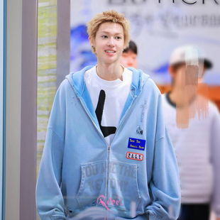 马丁同款Paly hollywood浅蓝色烫钻水洗做旧破坏拉链连帽卫衣帽衫