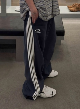 BMC高克重Loop圆环刺绣五条杠条纹卫裤宽松简约长裤运动裤pp同款