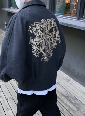 Nemeth日系小众背后绳结印花经典弯刀袖短款外套羊毛毛呢夹克秋冬