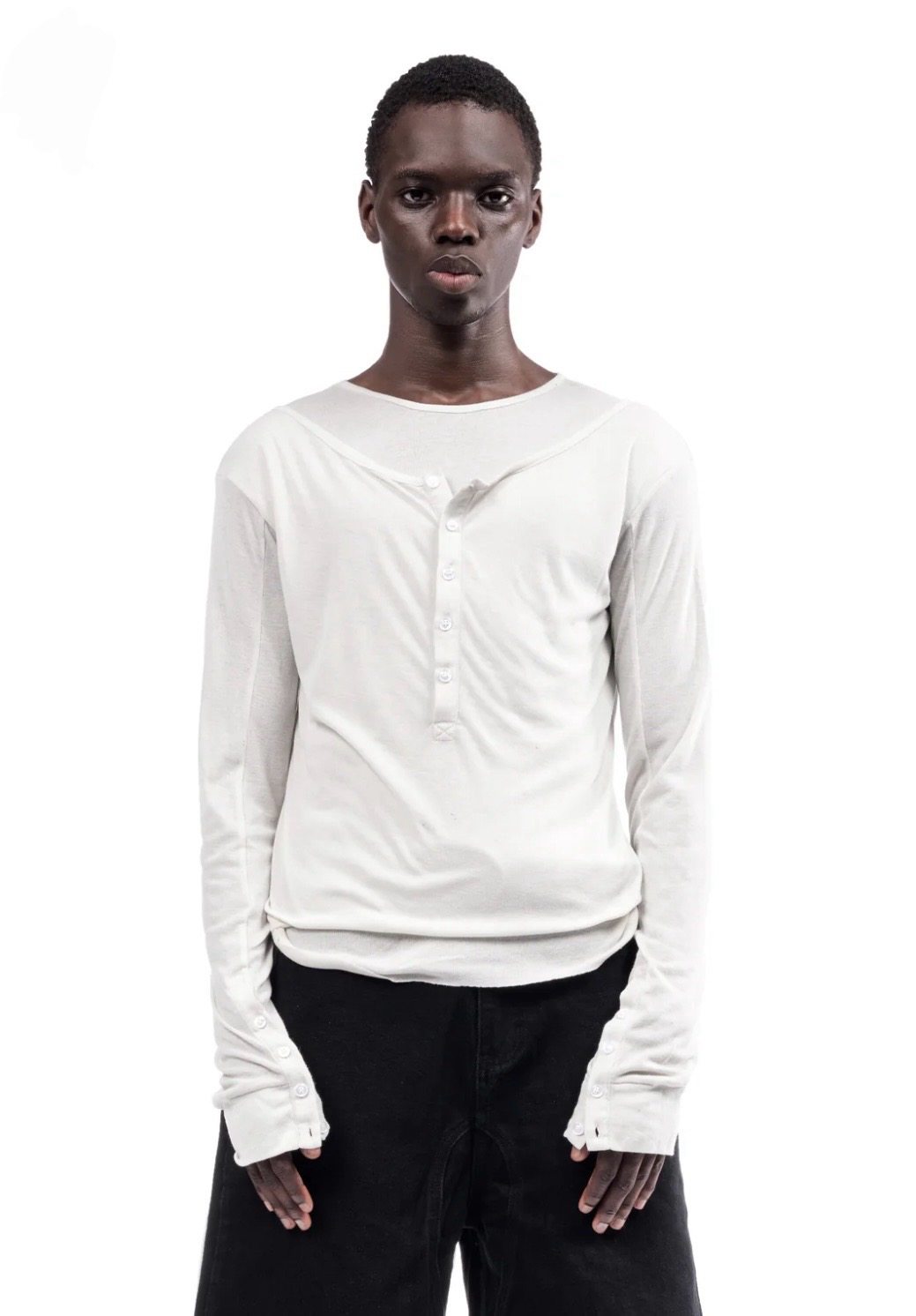 thumbnail for [Spot] nofaith high elastic draped double buttons, Tencel blend, soft glutinous underwear, base base, long sleeve tee