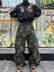 Vet Camouflage Pocket Zipper Detachable Cargo Pants Loose Straight Wide-Leg Travis Scott Style
