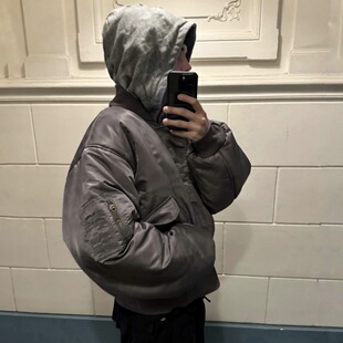 现货Nofaith重工水洗脏紫色两面穿华夫格bomber飞行夹克连帽棉服