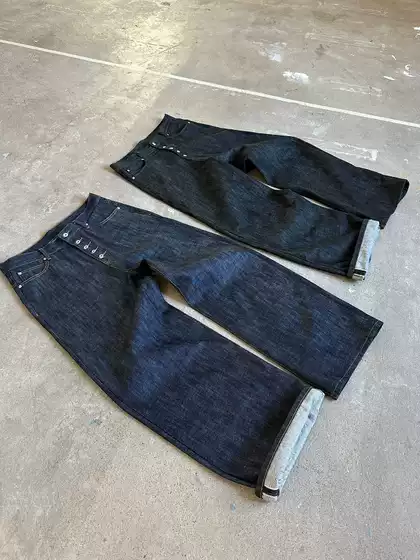 American Retro Nofaith Raw Denim Red Trim Selvedge Jeans with Button Placket Baggy Fit