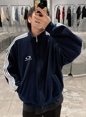 BMC秀款loop圆环刺绣藏蓝色摇粒绒五条杠拉链外套运动保暖休闲风