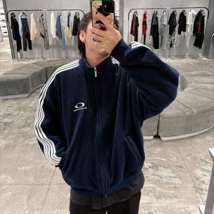 BMC秀款 loop圆环刺绣藏蓝色摇粒绒五条杠拉链外套运动保暖休闲风