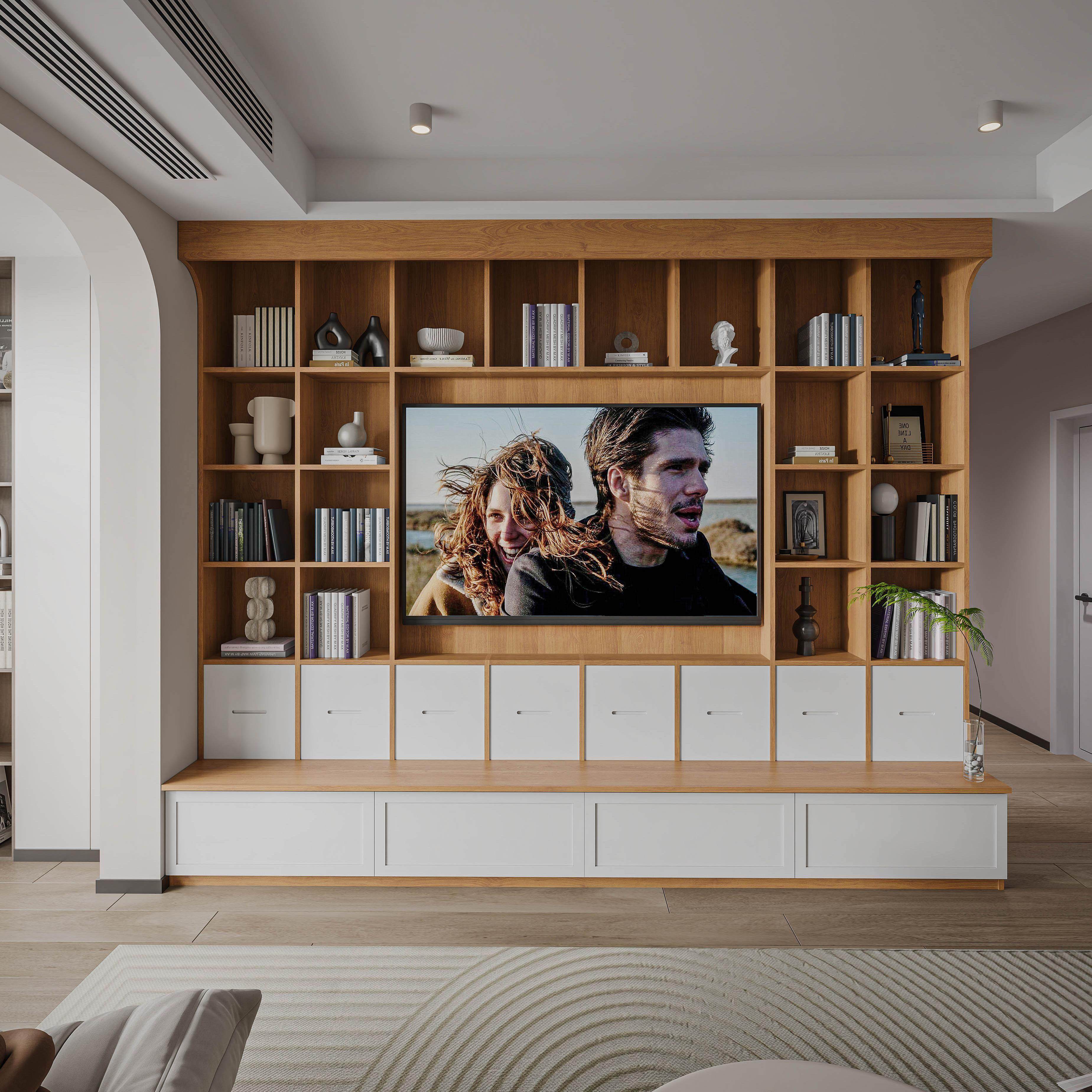 定制樱桃木书柜满墙一整体组合实木书架带门抽屉白色到顶电视投影