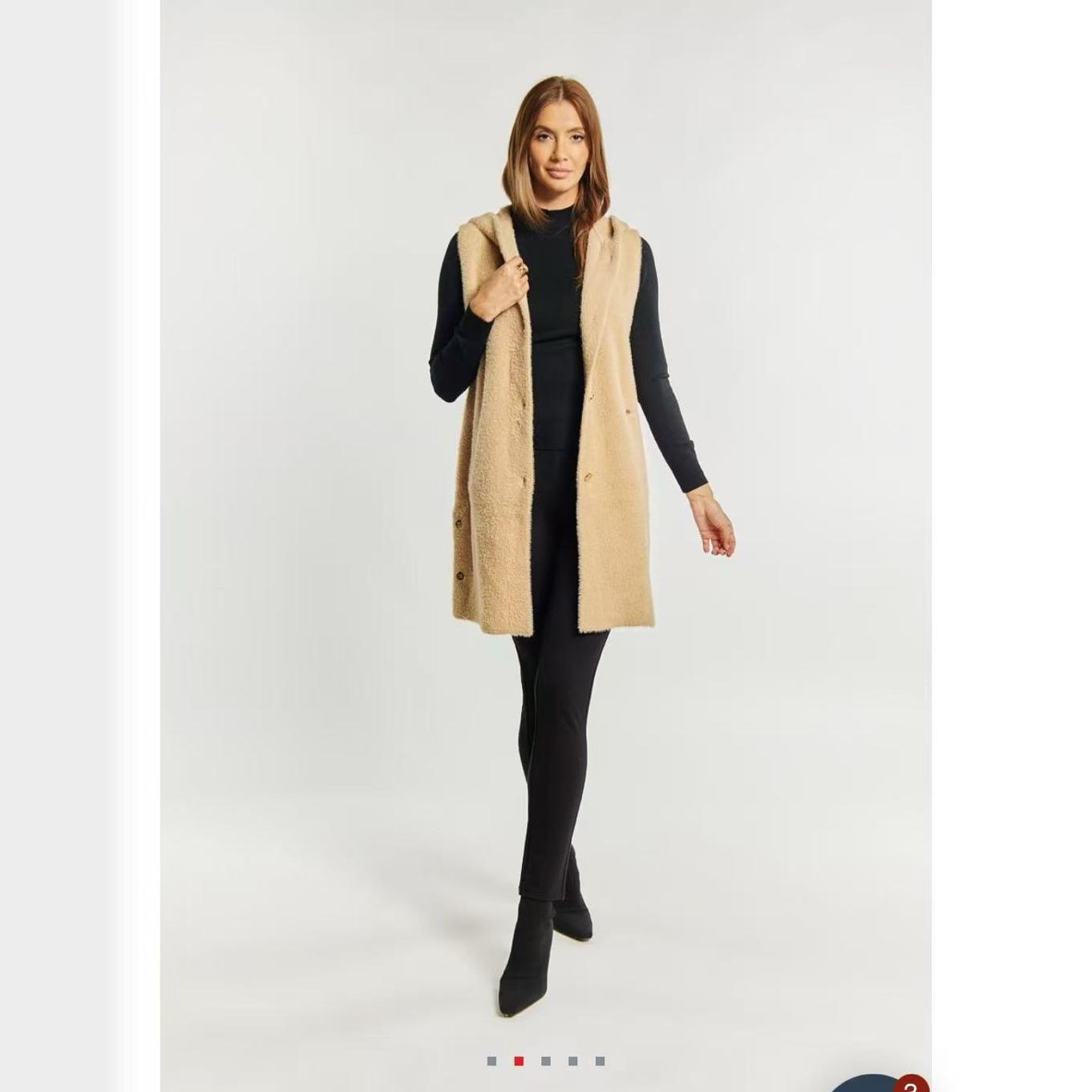 出口Monnari波兰连帽马甲中长款奶茶色仿貂绒开衫外套