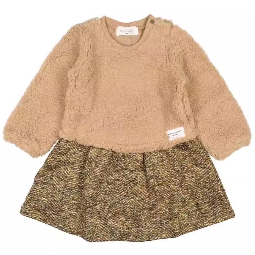 出口日本丸高willmery原单女娃秋冬厚款加绒加厚连衣裙泰迪驼色