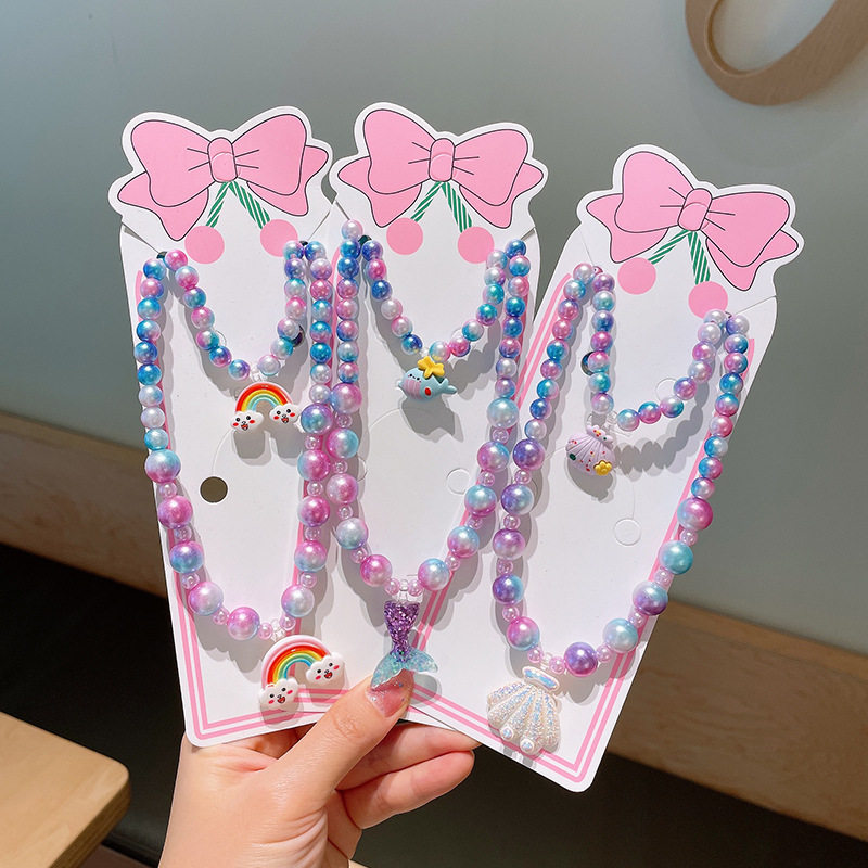 新款幻彩人鱼公主项链手链套装小女孩珍珠手工串珠美人鱼配饰