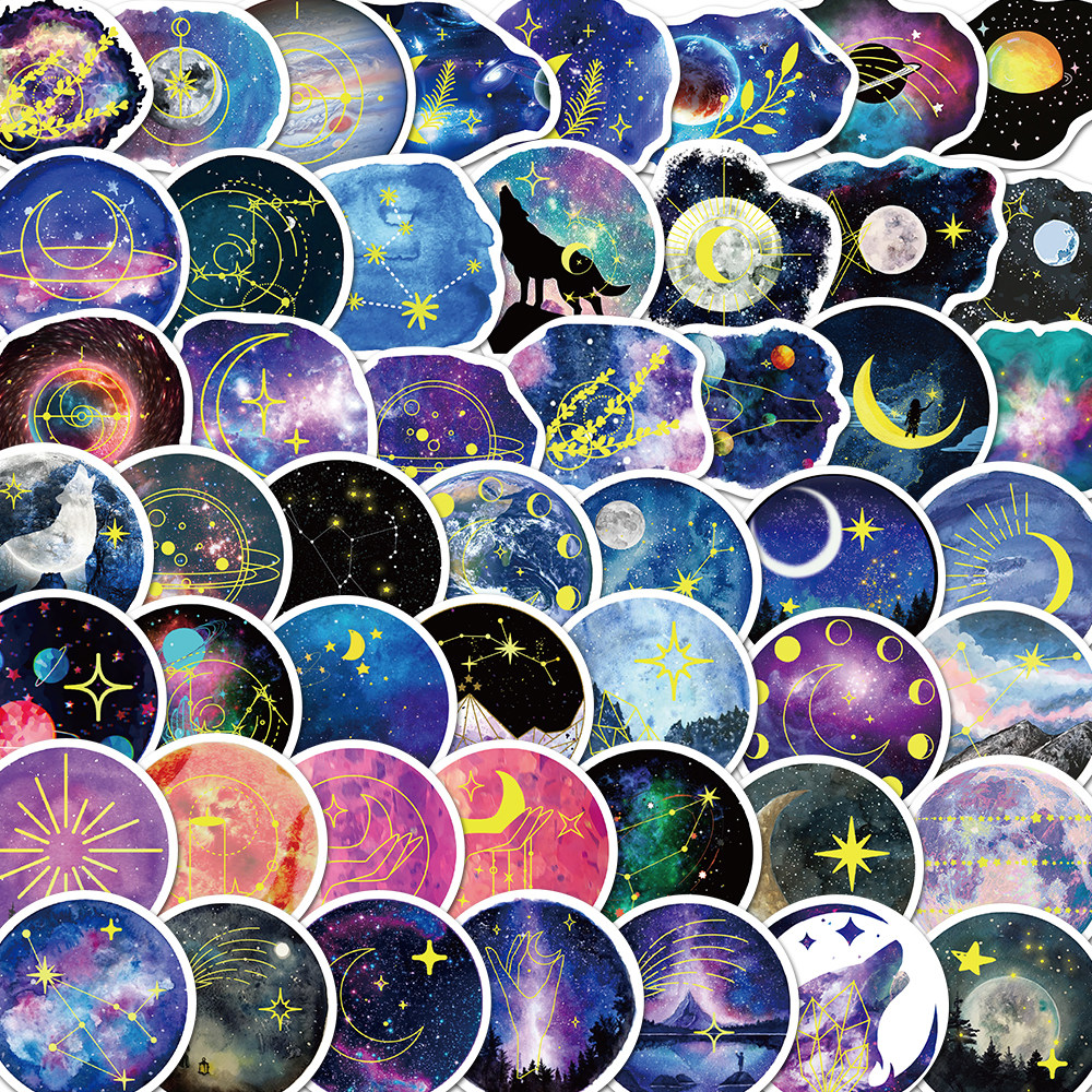 50张夜空月亮星球涂鸦贴画手机壳水杯ipad装饰防水贴纸