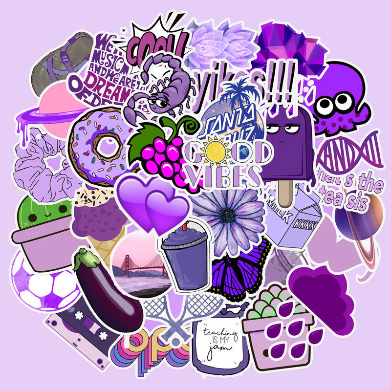 50张入紫色小清新卡通diy头盔行李箱水杯滑板笔记本防水涂鸦贴纸