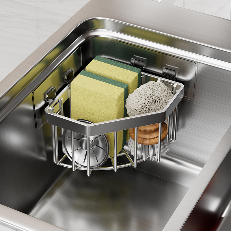 厨房墙上收纳篮转角收纳沥水架三角形免打孔不锈钢吸盘水槽置物架