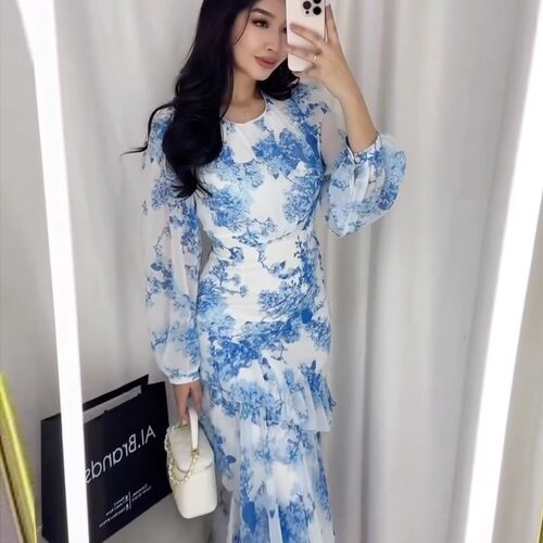欧美风A字裙雪纺印花连衣裙女