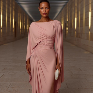 欧美女装跨境外贸2025夏新款一字领缎面开叉长袖修身女神长连衣裙