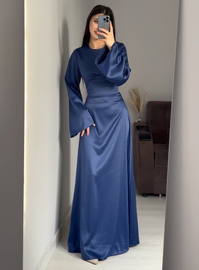 亚马逊欧美2024春季新款收腰显瘦绑带纯色长袖长裙气质连衣裙女