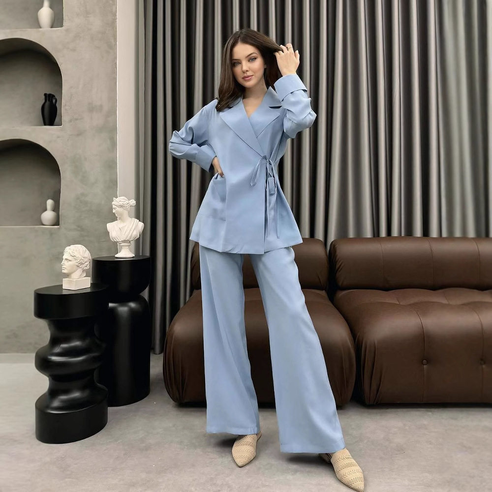 欧美跨境女2025速卖通INS爆款系带西装和服外套衬衫时尚长裤套装