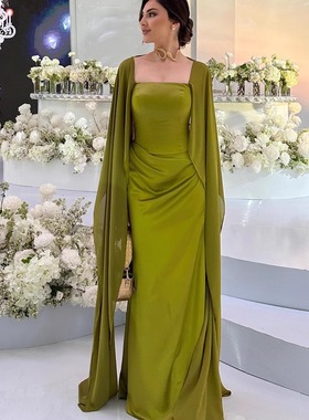 亚马逊欧美2024秋季时尚气质长款拼接设计感仙女风披肩礼服连衣裙