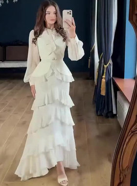 亚马逊欧美跨境2025年夏季新款高贵优雅柔美长袖收腰长裙连衣裙女