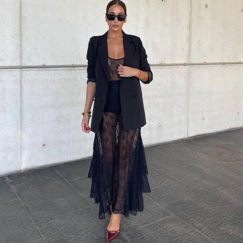 欧美风A字裙涤纶纯色连衣裙女