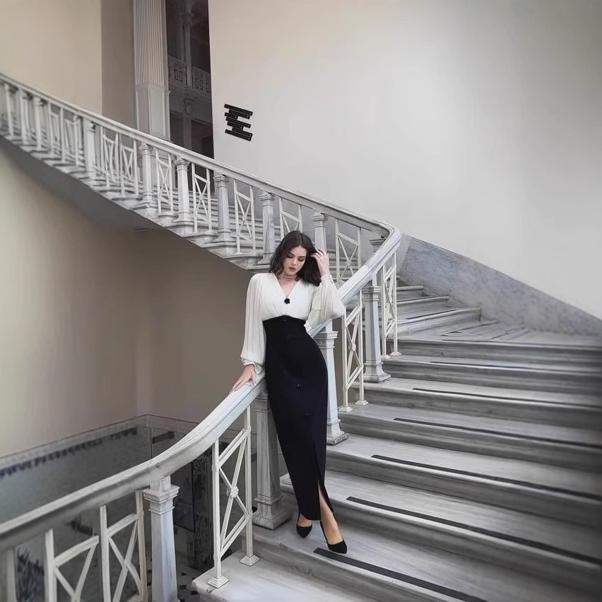 欧美风A字裙涤纶拼色连衣裙女