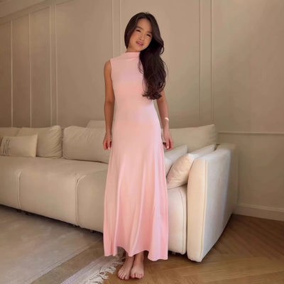 欧美风A字裙涤纶纯色连衣裙女