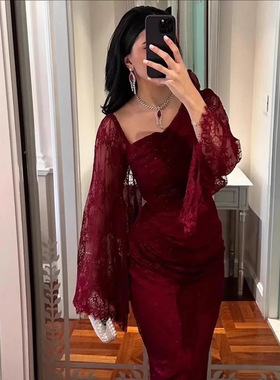 2025春跨境欧美中东外贸女装独立站亚马逊优雅蕾丝烫钻包臀晚礼服