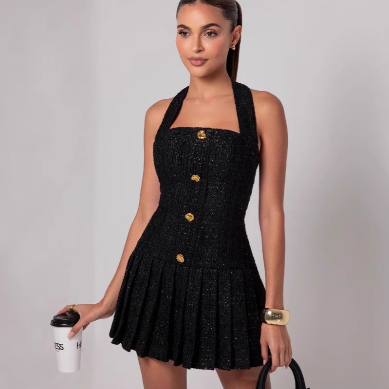 欧美风A字裙涤纶纯色连衣裙女