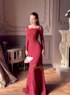 亚马逊欧美跨境2025年秋季复古高定蕾丝鱼尾礼服长袖长裙连衣裙