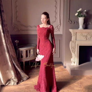 亚马逊欧美跨境2025年秋季复古高定蕾丝鱼尾礼服长袖长裙连衣裙