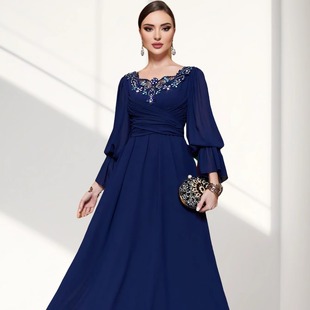 BA3122藏蓝色雪纺拼接蕾丝花边领晚礼服中东跨境手工缝钻优雅长裙