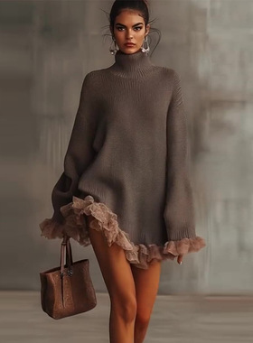 2025秋季新款亚马逊欧美跨境外贸针织高领荷叶边拼接长袖灰色毛衣