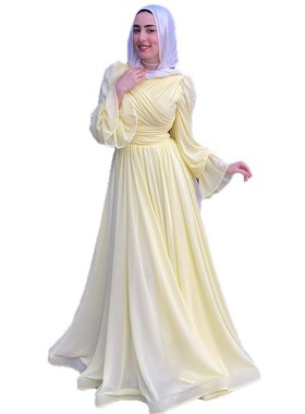 2025年新款欧美亚马逊跨境外贸女装优雅褶皱收腰修身浅黄色连衣裙