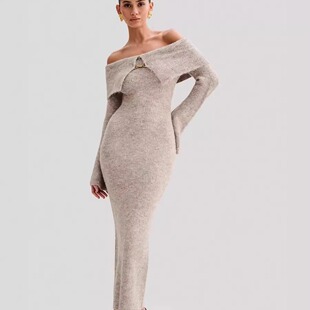 针织毛衣连衣裙一字肩喇叭袖 长裙连衣裙毛衣